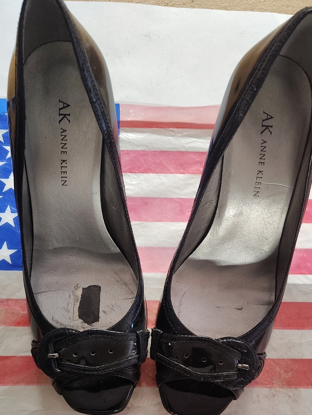 Anne Klein Black Patent Peep-Toe Heels with Buckle